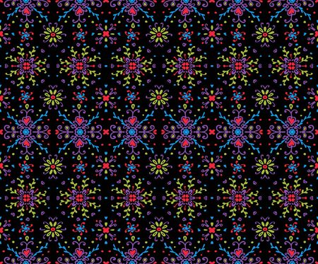 Seamless floral pattern folk colorful flowers and leaves. Flower embroidery. Talavera pattern. Indian patchwork. Turkish ornament. Spanish ethnic background. Mediterranean seamless wallpaper.のイラスト素材
