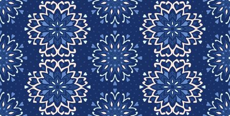 Seamless floral pattern. Stylized doodle flowers. Spanish ethnic embroidery. Folk ornament. Solar sign. Mediterranean print. Indian Oriental or Turkish textiles. Boho wallpaper. Hipster art.のイラスト素材