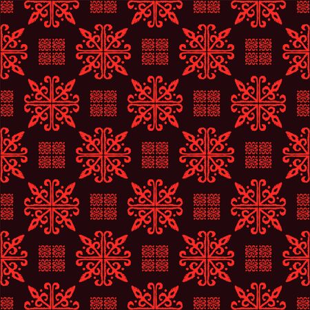 Christmas drawing with snowflakes. The Nordic style. Folk print with flakes. Scandinavian, Portuguese ornament. Spanish porcelain. Oriental damask. Ethnic motif. Ikat geometric folklore background.のイラスト素材