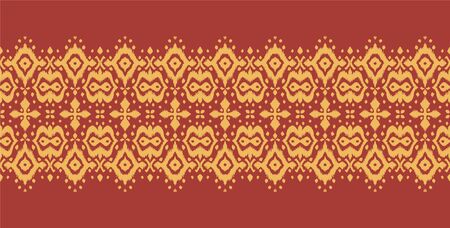 Lace border. Ikat seamless pattern. Vector tie dye shibori print with stripes and chevron. Ink textured japanese background. Ethnic fabric. Bohemian fashion. African creative. Damask rug.のイラスト素材