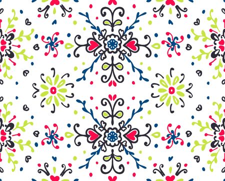 Seamless floral pattern folk colorful flowers and leaves. Flower embroidery. Talavera pattern. Indian patchwork. Turkish ornament. Spanish ethnic background. Mediterranean seamless wallpaper.のイラスト素材