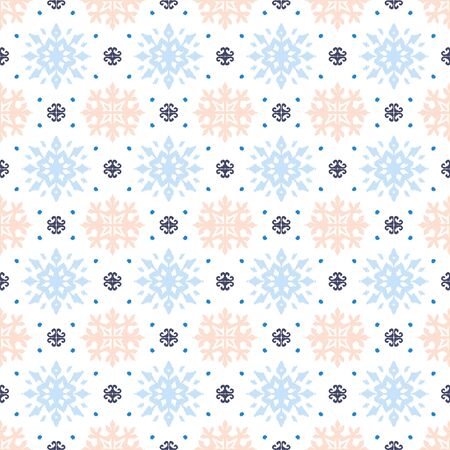 Christmas drawing with snowflakes. The Nordic style. Folk print with flakes. Scandinavian, Portuguese ornament. Spanish porcelain. Oriental damask. Ethnic motif. Ikat geometric folklore background.のイラスト素材