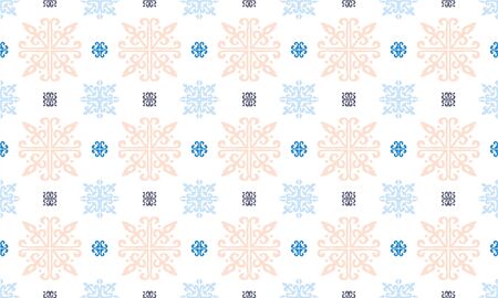 Christmas drawing with snowflakes. The Nordic style. Folk print with flakes. Scandinavian, Portuguese ornament. Spanish porcelain. Oriental damask. Ethnic motif. Ikat geometric folklore background.のイラスト素材