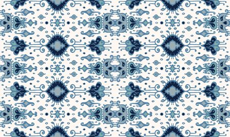 Ikat geometric folklore ornament. Oriental vector damask pattern. Ancient art of Arabesque. Tribal ethnic texture. Spanish motif on the carpet. Aztec style. Indian rug. Gypsy, Mexican embroidery.のイラスト素材