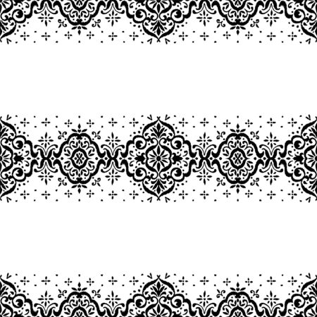 Ikat seamless pattern. Border with snowflakes. Openwork lace. New year Christmas background. Vector tie dye shibori print with stripes and chevron. Ink textured japanese background. Bohemian fashion.のイラスト素材