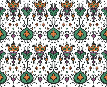 Ikat geometric folklore ornament. Oriental vector damask pattern. Ancient art of Arabesque. Tribal ethnic texture. Spanish motif on the carpet. Aztec style. Indian rug. Gypsy, Mexican embroidery.のイラスト素材