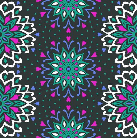 Seamless floral pattern. Stylized doodle flowers. Spanish ethnic embroidery. Folk ornament. Solar sign. Mediterranean print. Indian Oriental or Turkish textiles. Boho wallpaper. Hipster art.のイラスト素材