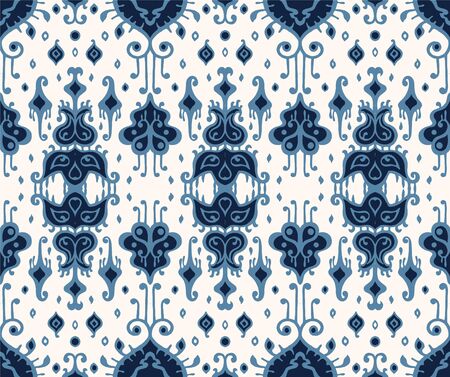 Ikat geometric folklore ornament. Oriental vector damask pattern. Ancient art of Arabesque. Tribal ethnic texture. Spanish motif on the carpet. Aztec style. Indian rug. Gypsy, Mexican embroidery.のイラスト素材