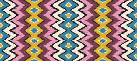 Ikat border. Geometric folk ornament. Ink on clothes. Tribal vector texture. Seamless striped...