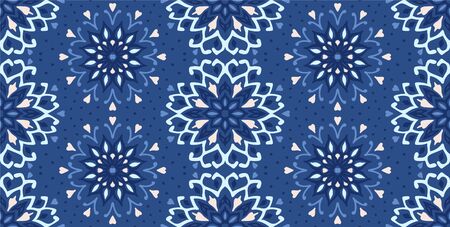 Seamless floral pattern. Stylized doodle flowers. Spanish ethnic embroidery. Folk ornament. Solar sign. Mediterranean print. Indian Oriental or Turkish textiles. Boho wallpaper. Hipster art.のイラスト素材