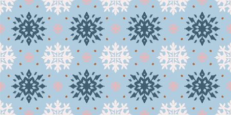 Christmas drawing with snowflakes. The Nordic style. Folk print with flakes. Scandinavian, Portuguese ornament. Spanish porcelain. Oriental damask. Ethnic motif. Ikat geometric folklore background.のイラスト素材