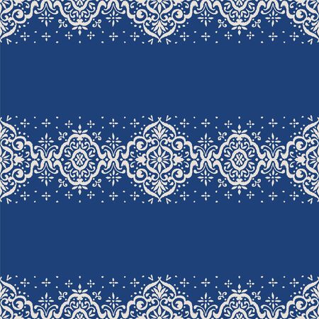 Ikat seamless pattern. Border with snowflakes. Openwork lace. New year Christmas background. Vector tie dye shibori print with stripes and chevron. Ink textured japanese background. Bohemian fashion.のイラスト素材