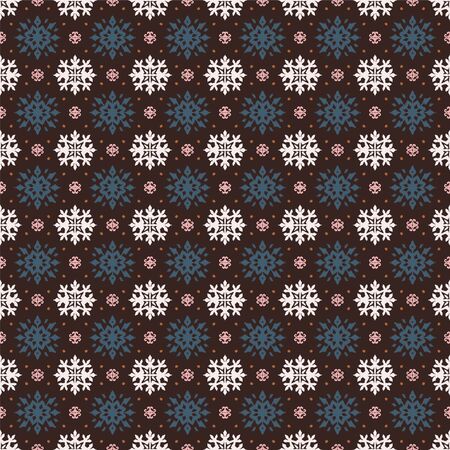 Christmas drawing with snowflakes. The Nordic style. Folk print with flakes. Scandinavian, Portuguese ornament. Spanish porcelain. Oriental damask. Ethnic motif. Ikat geometric folklore background.のイラスト素材