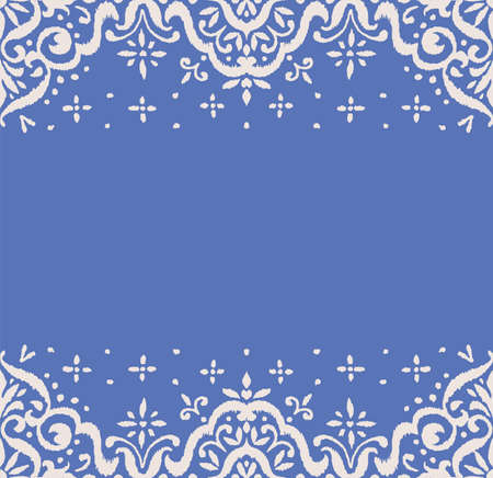 Ikat seamless pattern. Border with snowflakes. Openwork lace. New year Christmas background. Vector tie dye shibori print with stripes and chevron. Ink textured japanese background. Bohemian fashion.のイラスト素材