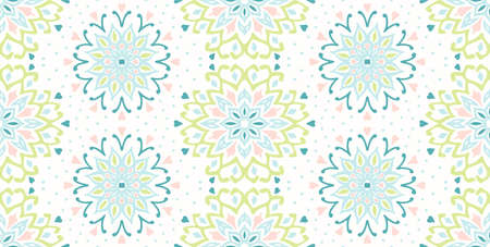 Seamless floral pattern. Stylized doodle flowers. Spanish ethnic embroidery. Folk ornament. Solar sign. Mediterranean print. Indian Oriental or Turkish textiles.のイラスト素材