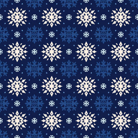 Christmas drawing with snowflakes. The Nordic style. Folk print with flakes. Scandinavian, Portuguese ornament. Spanish porcelain. Oriental damask. Ethnic motif. Ikat geometric folklore background.のイラスト素材