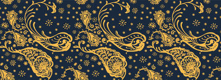Bandana Print. Vector seamless pattern with paisley ornament. Silk neck scarf or kerchief. Floral vintage background. Asian textile. Tribal texture. Bohemian style. Indian motif.のイラスト素材