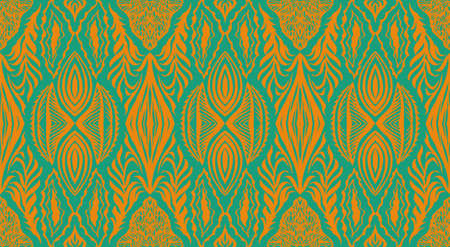 Geometric damascus ornament. Ikat border. Ethnic embroidery with leaves and monograms. Tribal vector texture. Seamless folk pattern in Aztec style. Indian, Scandinavian, Gypsy, Mexican, African rug.のイラスト素材