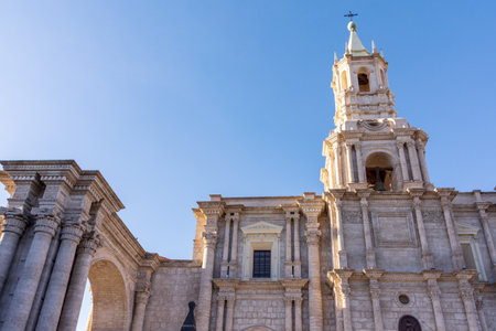 The Basilica Cathedral of Arequipa as seen from Plaza de Armas.の写真素材