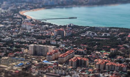 view of the miniature building and the seaの写真素材