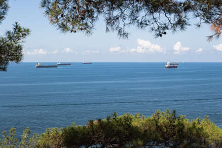 Close-up of the summer landscape. Blue sea, clouds over the horizon and cargo ships, view through...