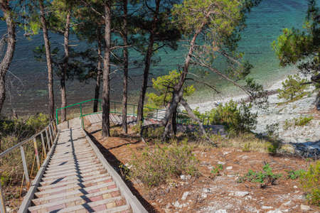 A staircase to the sea on the rocks leads to a wild beach. Road through the forest and camping. The outskirts of the resort city of Gelendzhik. Russia, Black sea coastの写真素材