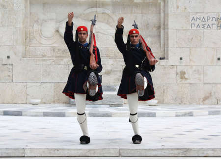 Athens, Greece - April 21, 2009: Evzones (presidential ceremonial guards) in front of the Unknown...