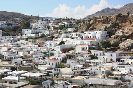 Picturesque whitewashed village of Lindos in the Dodecanese island of Rhodes, Greece.のeditorial素材
