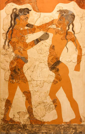 Fresco depicting two young boxers, which was uncovered in Akrotiri, in the island of Thira  Santorini , in Greece, dating to approximately 3500 BC のeditorial素材