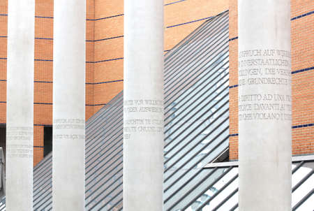 NUREMBERG, GERMANY - SEPTEMBER 21  Street of Human Rights with the Germanic National Museum in the background  Concrete pillars engraved with articles of the 1948 Universal Declaration of Human Rights created by Dani karavan in 1993 のeditorial素材