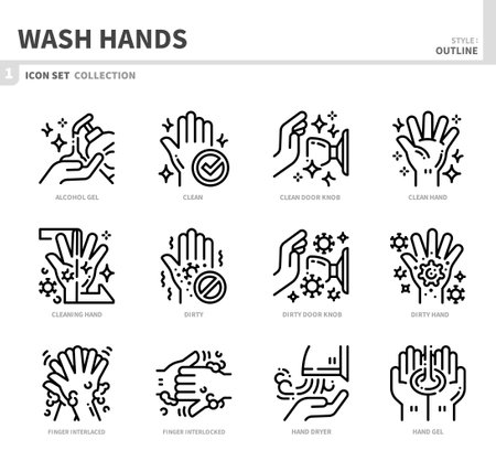 wash hands icon set,outline style,vector and illustrationのイラスト素材