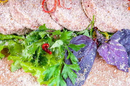 raw meat cutlet with herbs
