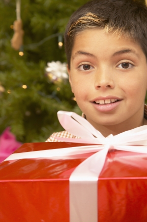 Portrait of a boy with a giftの写真素材