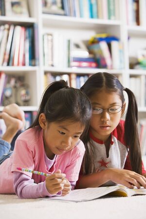 Asian sisters doing homework in library