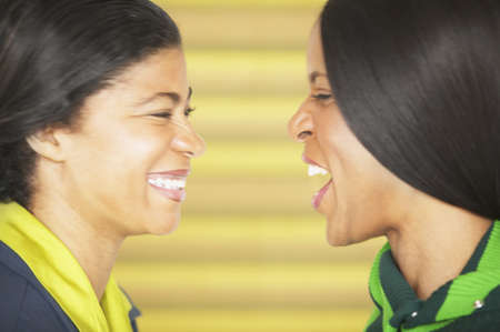 Profile of two women laughingの写真素材