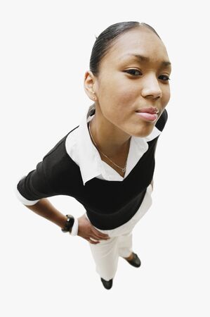 High angle view of African woman smilingの写真素材