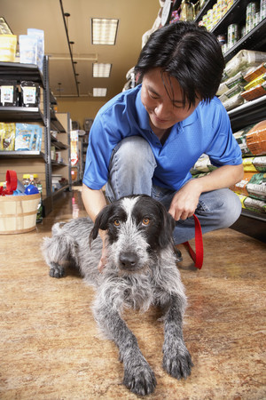 Asian man petting dog in pet storeの写真素材