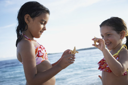 Hispanic sisters holding starfishの写真素材