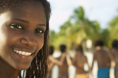 South American woman at beachの写真素材