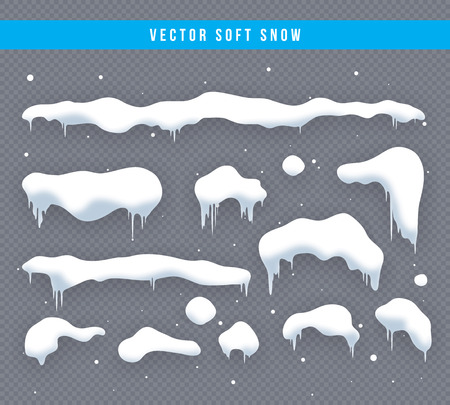 Snow caps, snowballs and snowdrifts set. Snow cap vector collection. Winter decoration element. Snowy elements on winter background. Cartoon template. Snowfall and snowflakes in motion. Illustration.のイラスト素材