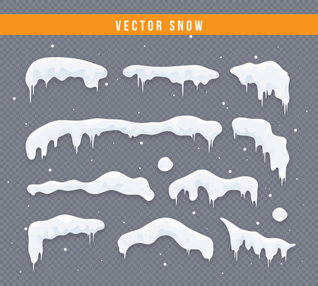 Snow caps, snowballs and snowdrifts set. Snow cap vector collection. Winter decoration element. Snowy elements on winter background. Cartoon template. Snowfall and snowflakes in motion. Illustration.のイラスト素材
