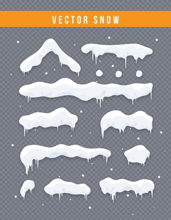Snow caps, snowballs and snowdrifts set. Snow cap vector collection. Winter decoration element. Snowy elements on winter background. Cartoon template. Snowfall and snowflakes in motion. Illustration.のイラスト素材