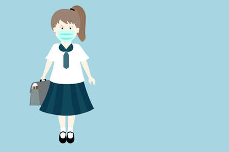 Girl student with bag to go to school wearing surgical mask for prevent covid-19 virus infection.のイラスト素材