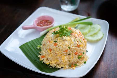 Fried rice with shrimp in white plate.の写真素材