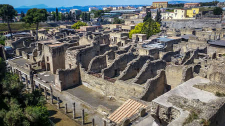 Overhead view at ruins of Herculanum which was covered by volcanic dust after Vesuvius eruption, Herculanum, Italyの写真素材