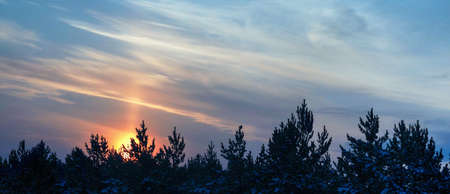 A ray of sunlight illuminated the morning sky. Beautiful clouds are colored by the morning sun. Natural winter backgroundの写真素材