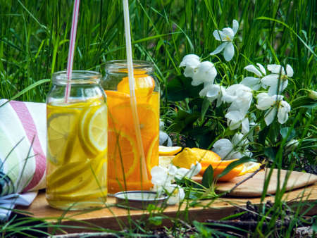 Picnic in the meadow. Cool citrus drinks are pleasant on a hot day. Summer bright backgroundの写真素材
