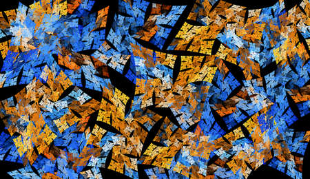 Stylized fragments of yellow and orange are randomly arranged on a black background. Snippets make...