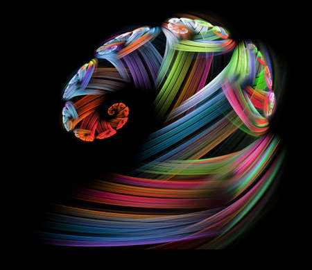 Multi-colored rays diverge from the center in different directions on a black background. Spirals...