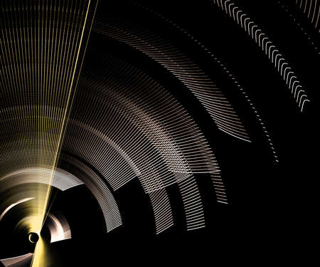 Abstract fractal metal engine blades rotate in different planes on a black background. Graphic...